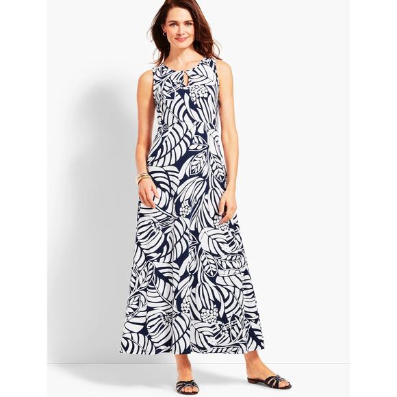 Talbots Graphic Botanical Jersey Maxi Dress Tropical Sleeveless Black White MP - Picture 1 of 11